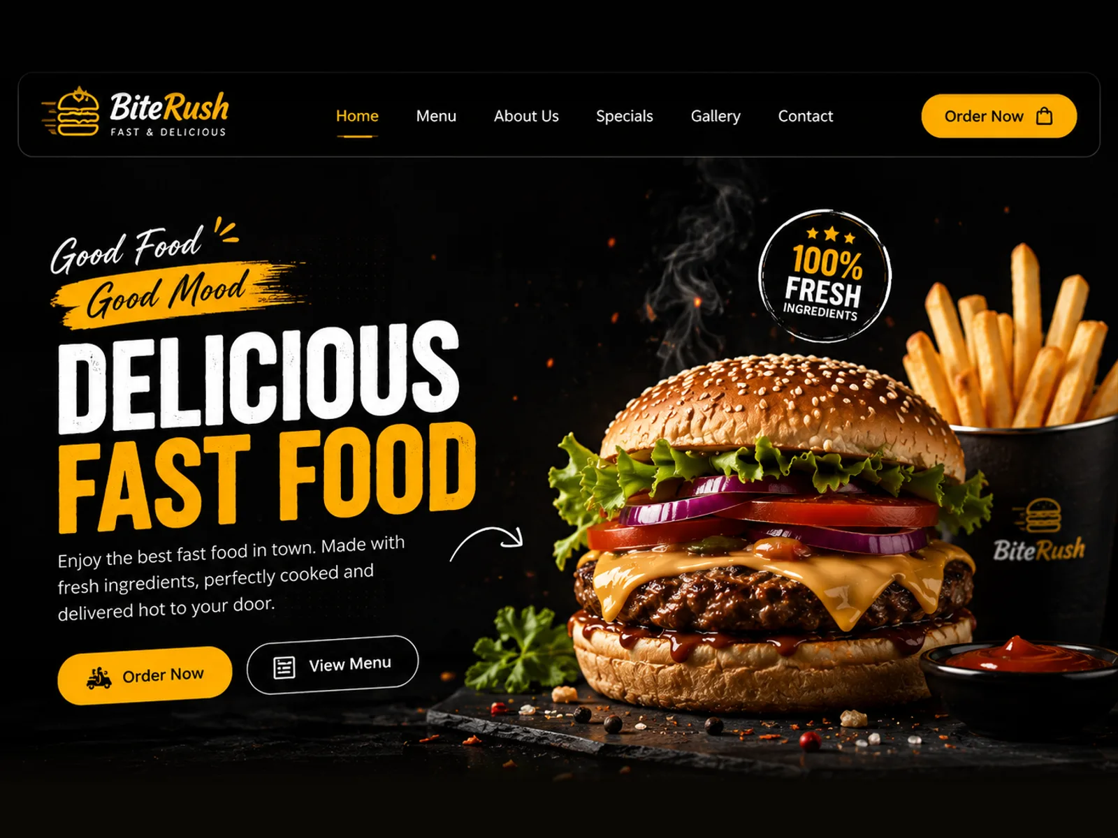 BiteRush fast food website, website design & development by Draxz
