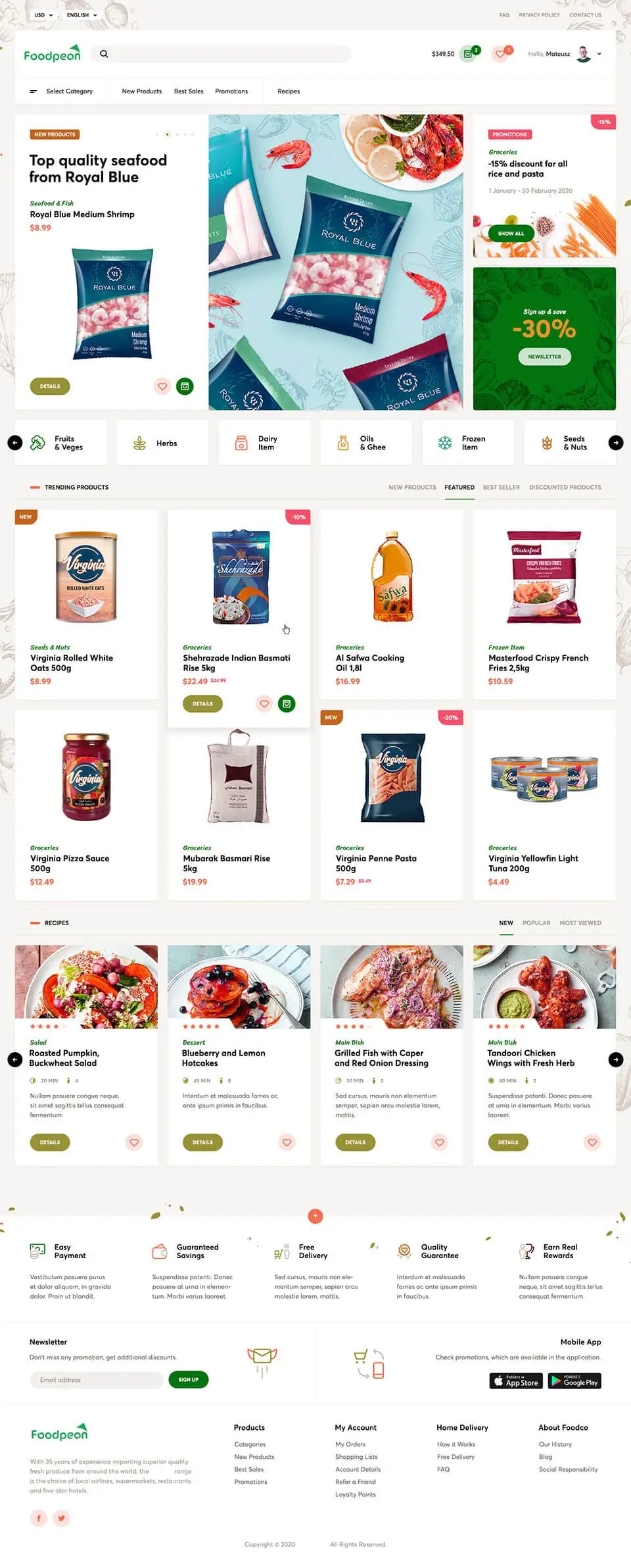 Full page design of Online grocery and seafood store