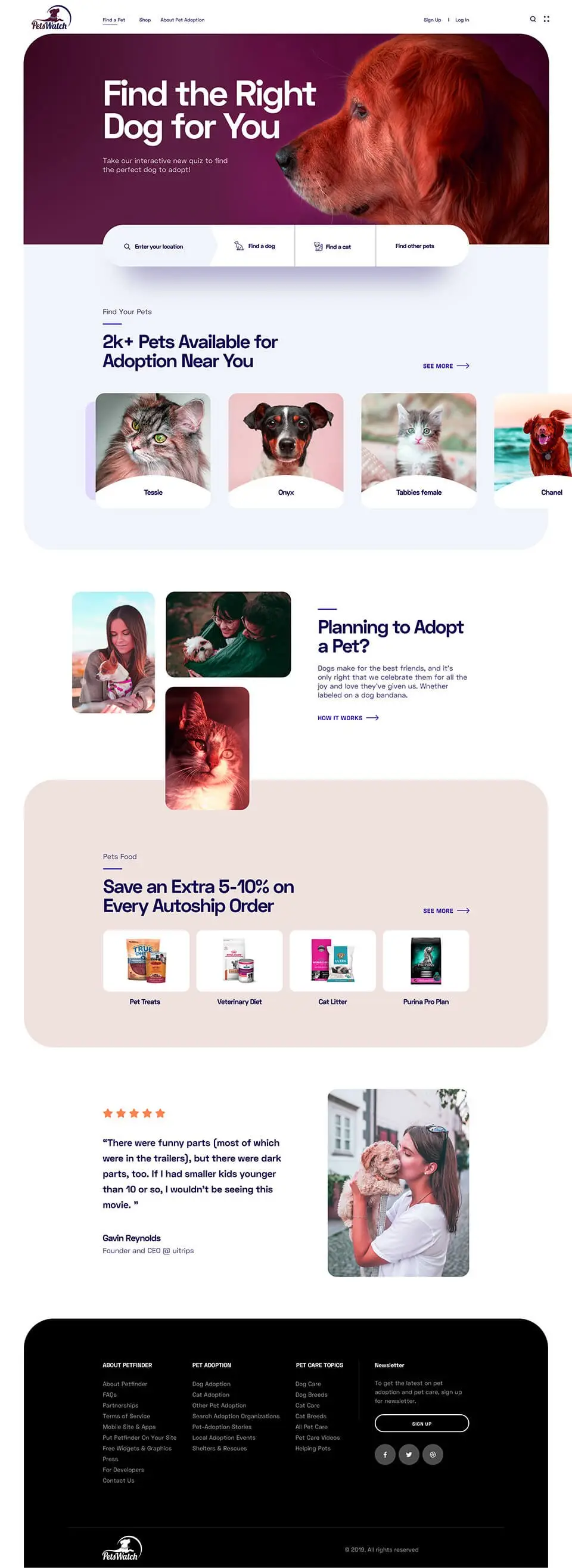 Full page design of Pet adoption marketplace