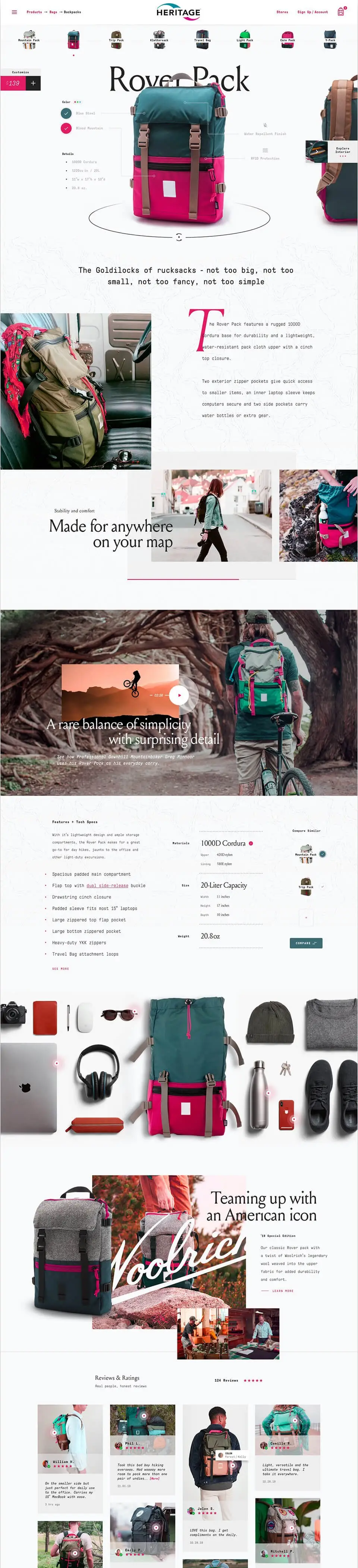 Full page design of Backpack product store